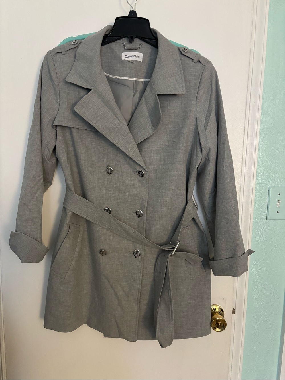 Calvin Klein Light Gray Double-Breasted Trench Coat with Belt